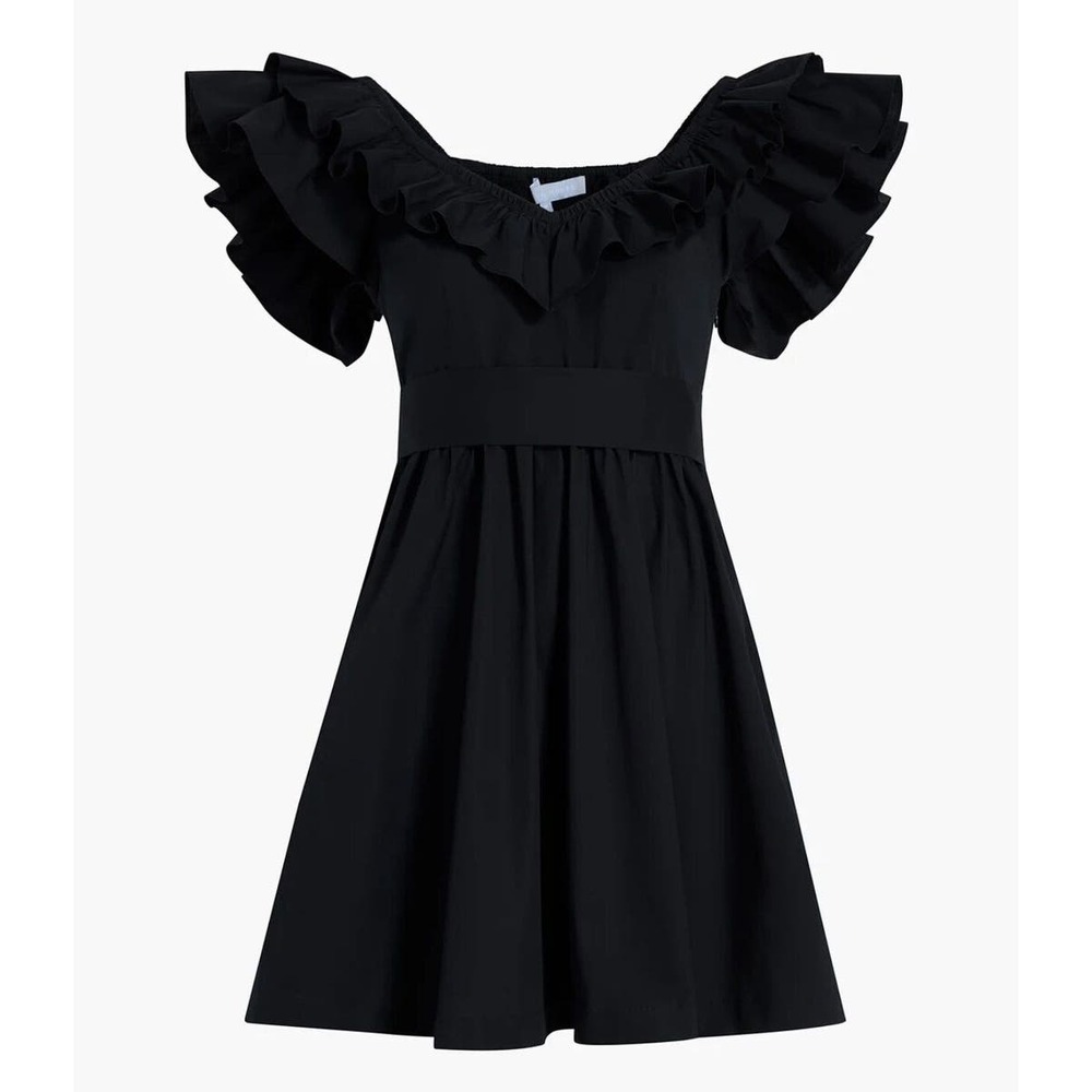 HILL HOUSE The Ana Nap Dress Black Poplin Ruffle Belted Sweetheart XXS NWOT